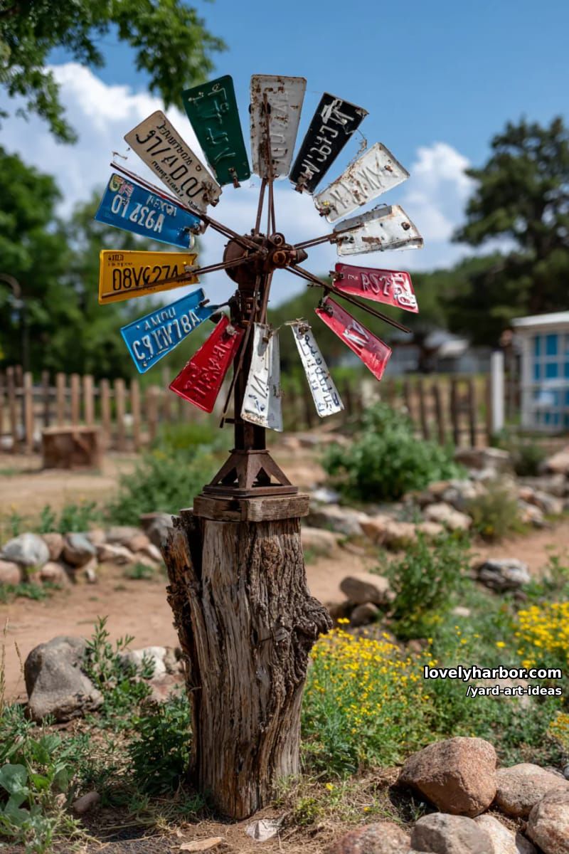 vintage license plate windmill mounted on a wooden post. 1