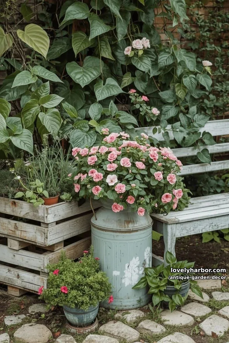 20 Antique Garden Decor Ideas for an Extraordinary Look 23 vintage planters: old milk can, wooden crates, and bench among foliage. 1