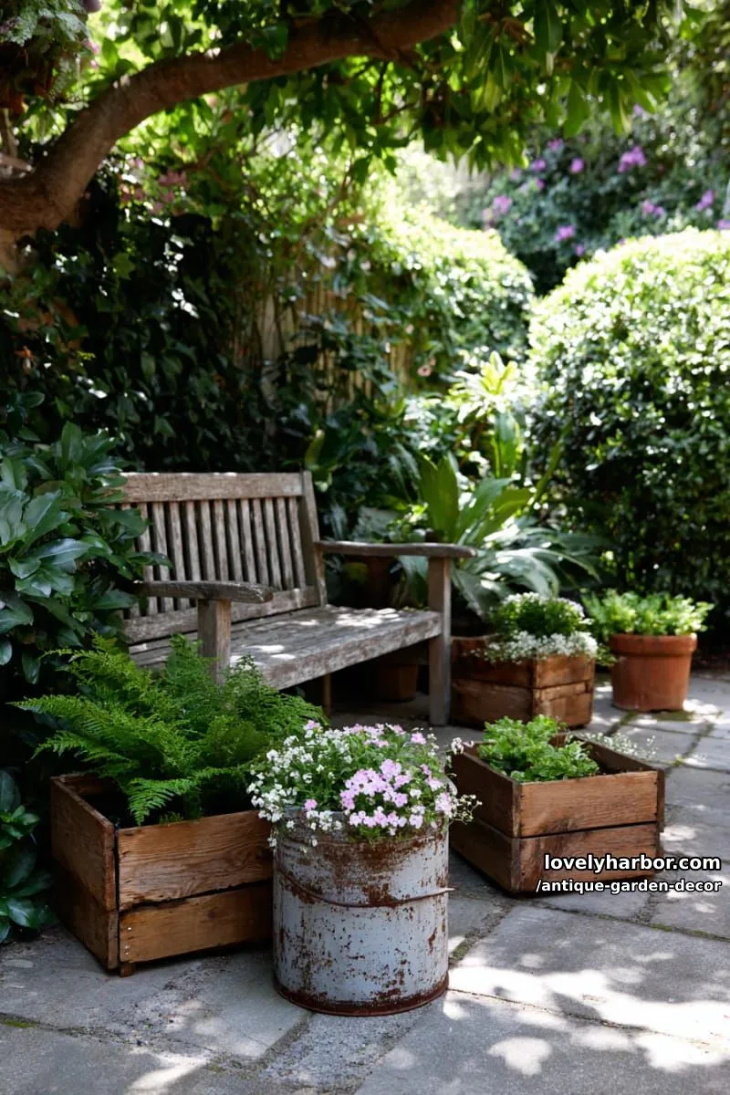 20 Antique Garden Decor Ideas for an Extraordinary Look 24 vintage planters: old milk can, wooden crates, and bench among foliage. 1