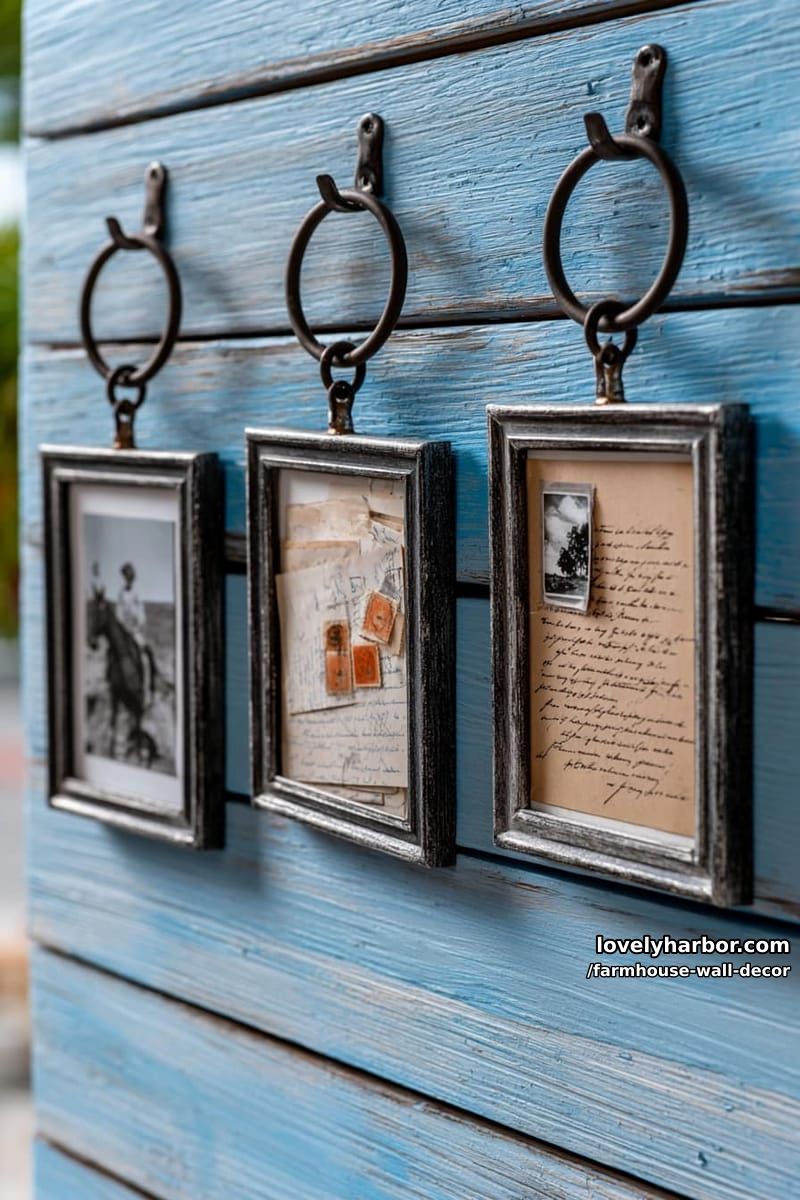 vintage-style frames hanging from metal rings on blue wooden plank wall. 1