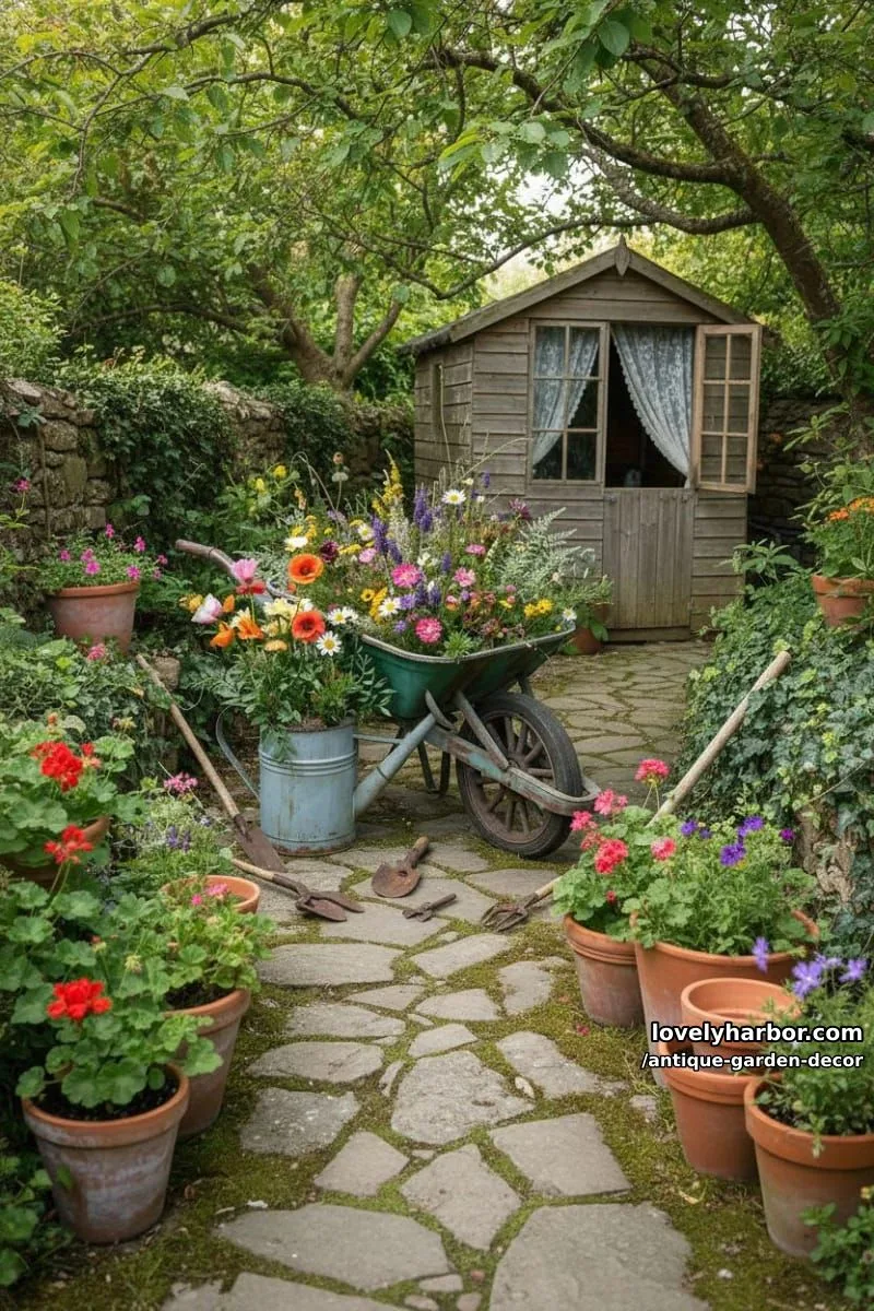 20 Antique Garden Decor Ideas for an Extraordinary Look 25 vintage watering can and wheelbarrow overflowing with wildflowers and greenery. 1