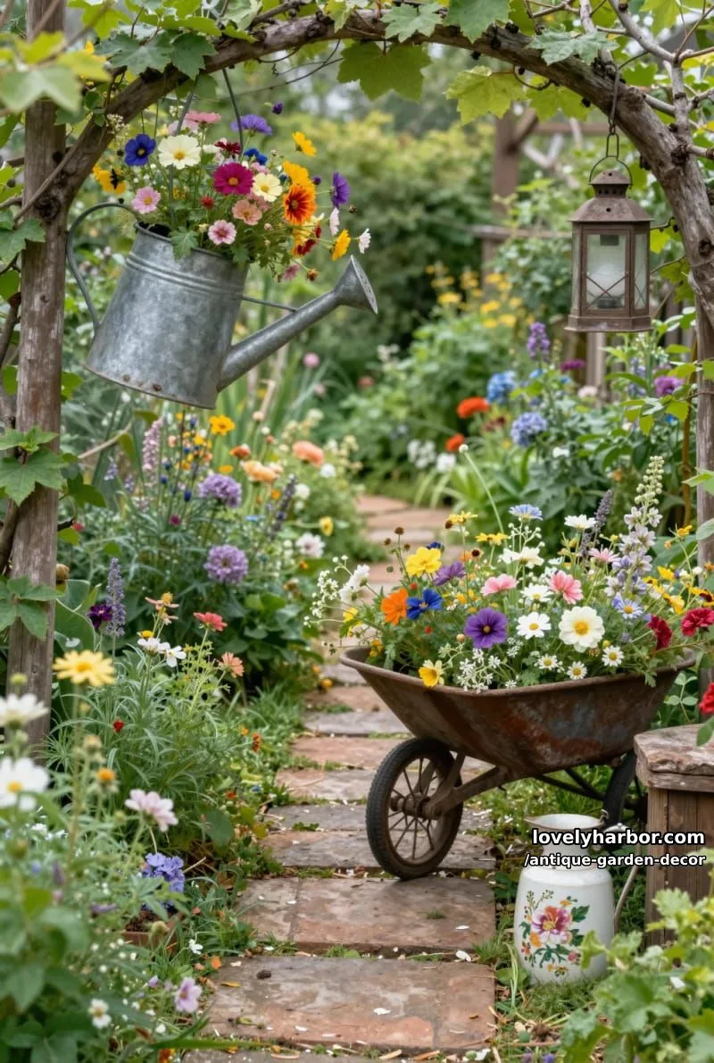 20 Antique Garden Decor Ideas for an Extraordinary Look 26 vintage watering can and wheelbarrow overflowing with wildflowers and greenery. 1