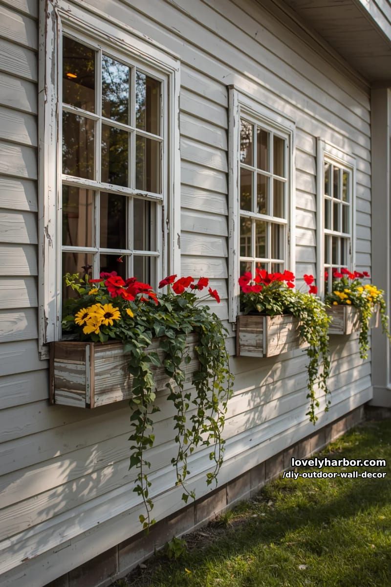 vintage window frames with flower boxes on a light gray house exterior 1
