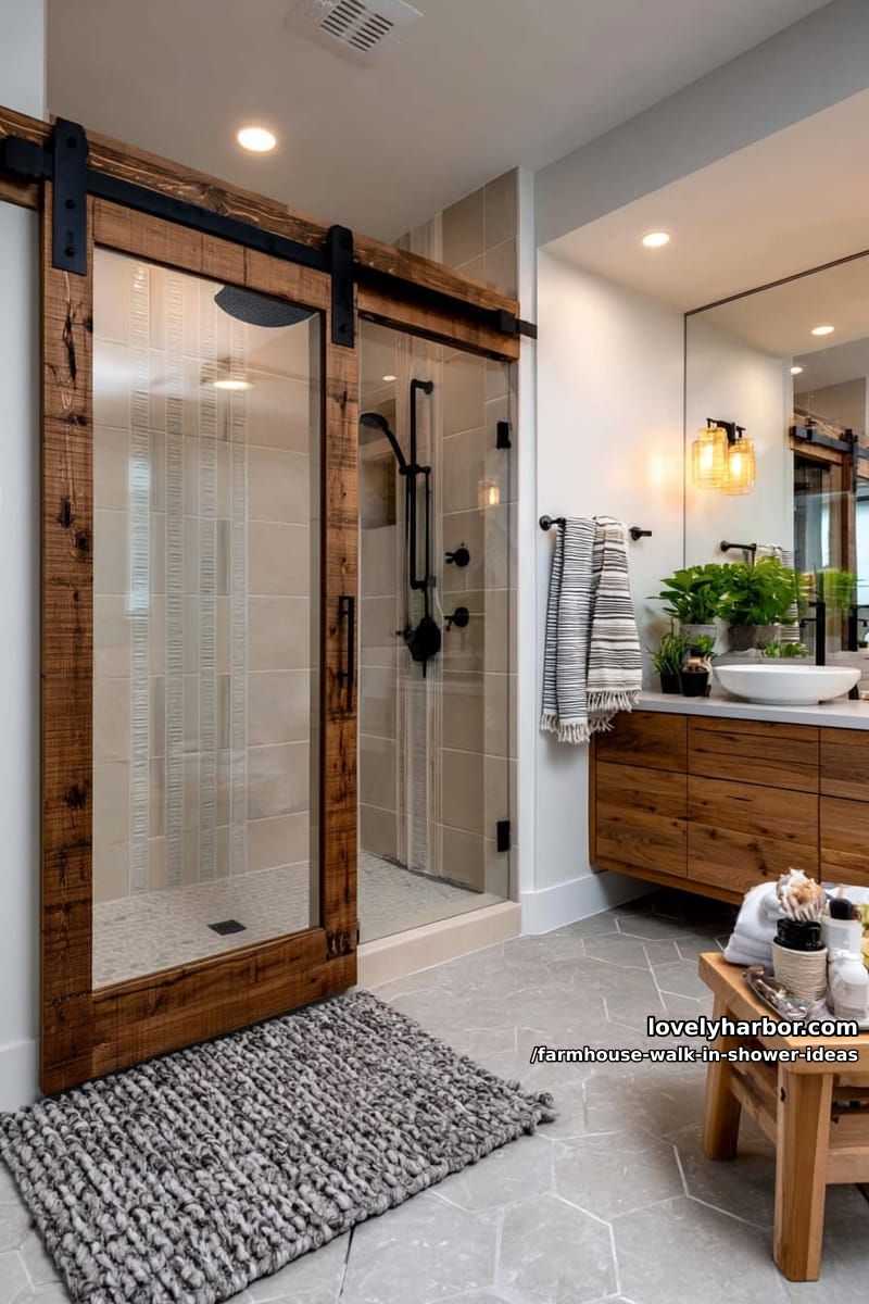 walk-in shower with barn-style glass door, beige tiles, black fixtures, and wood vanity. 1