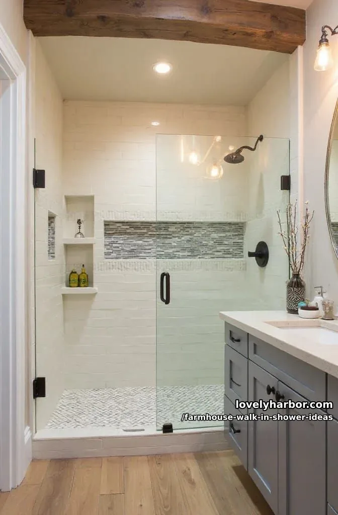 walk-in shower with cream subway tiles, black fixtures, rustic beam, and mosaic floor. 1