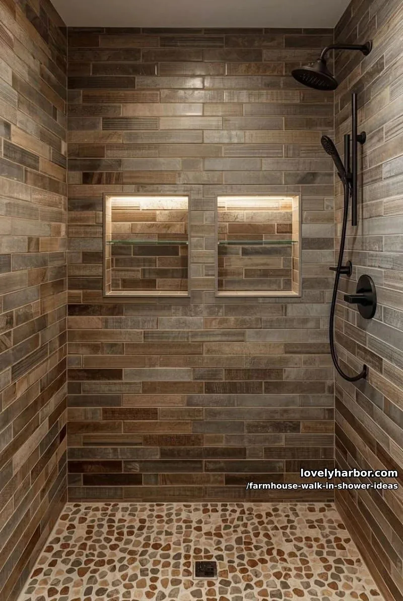 walk-in shower with multi-tone brick tiles, recessed shelves, and pebble floor. 1