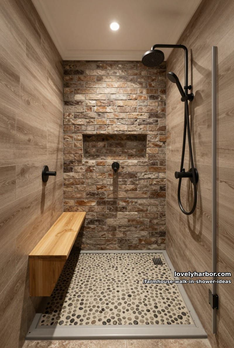 walk-in shower with wood-textured tiles, river stone floor, and exposed brick wall. 1