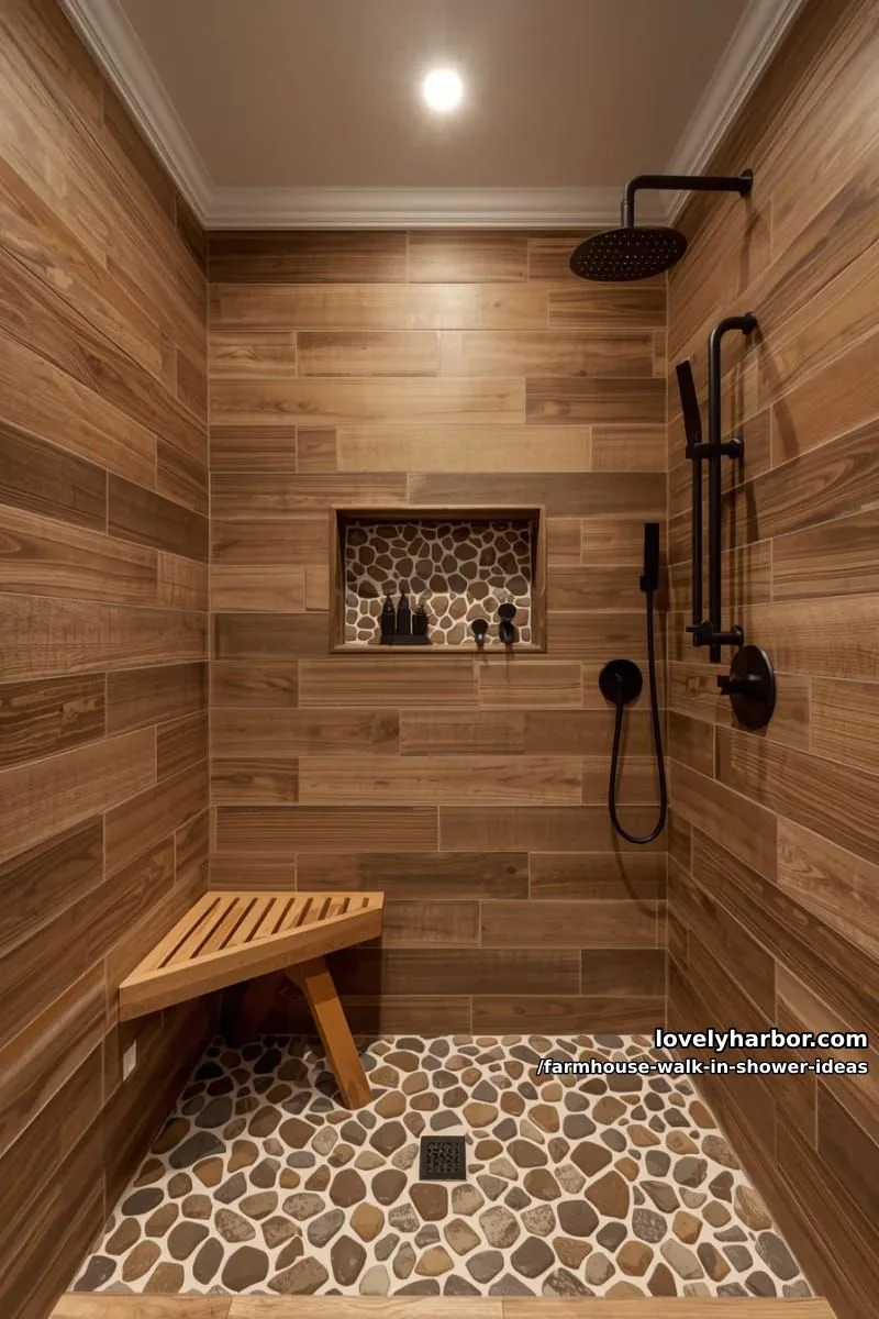 walk-in shower with wood-textured tiles, river stone floor, and exposed brick wall. 1