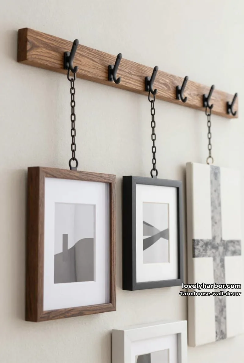 wall-mounted picture hanging system with industrial chains and minimalist art. 1