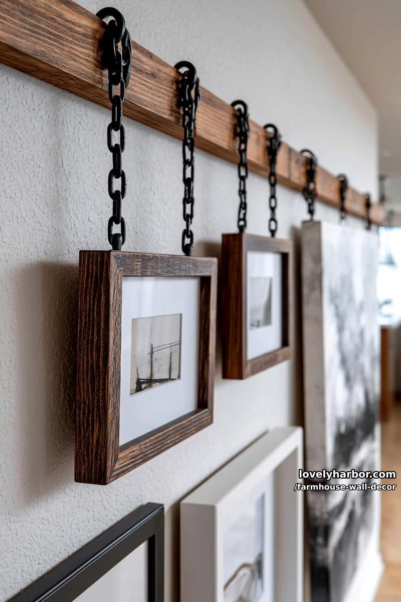 wall-mounted picture hanging system with industrial chains and minimalist art. 1