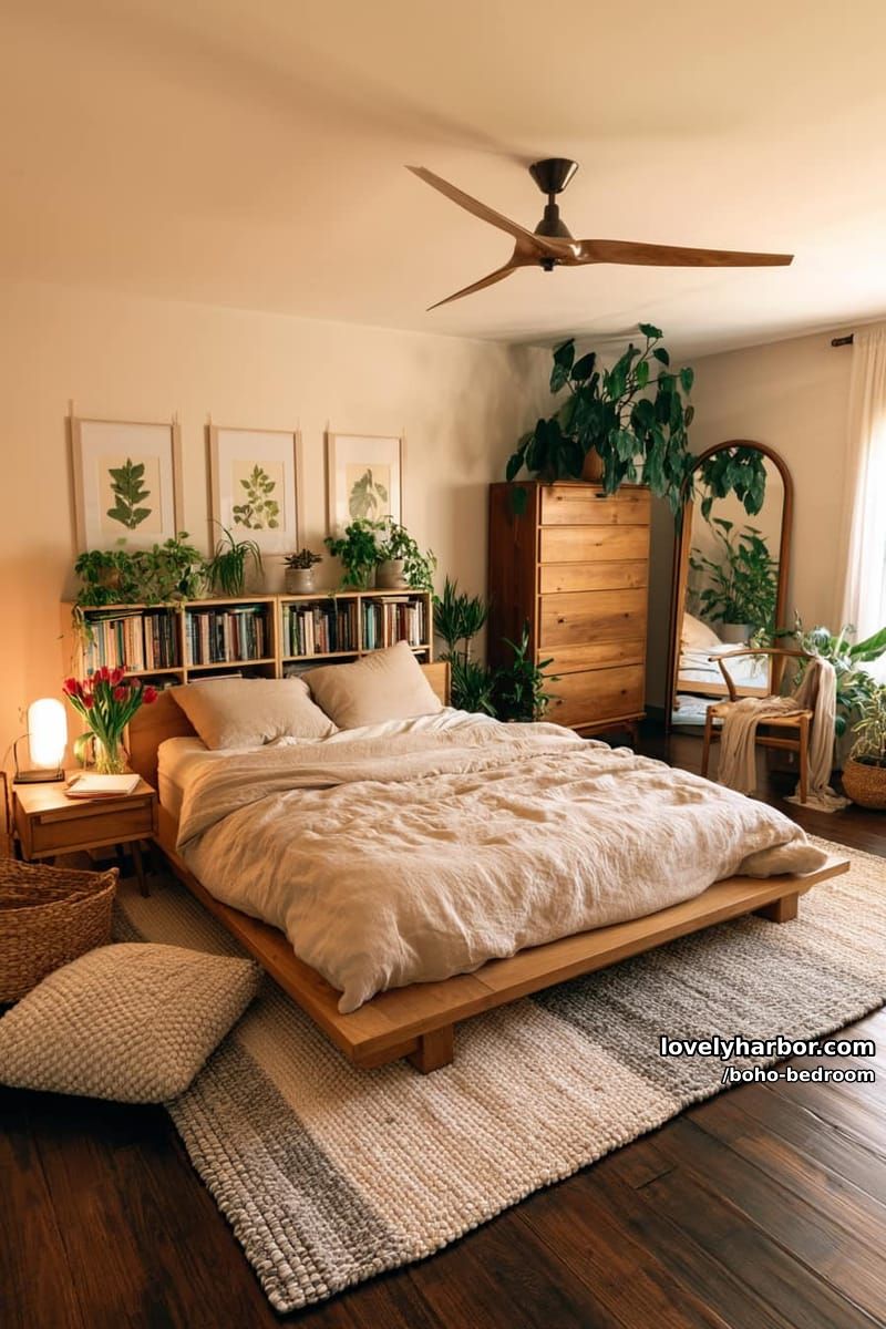warm, cozy bedroom with wooden bed, ambient lighting, and botanical accents. 1
