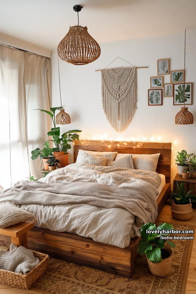warm, cozy bedroom with wooden bed, ambient lighting, and botanical accents. 1