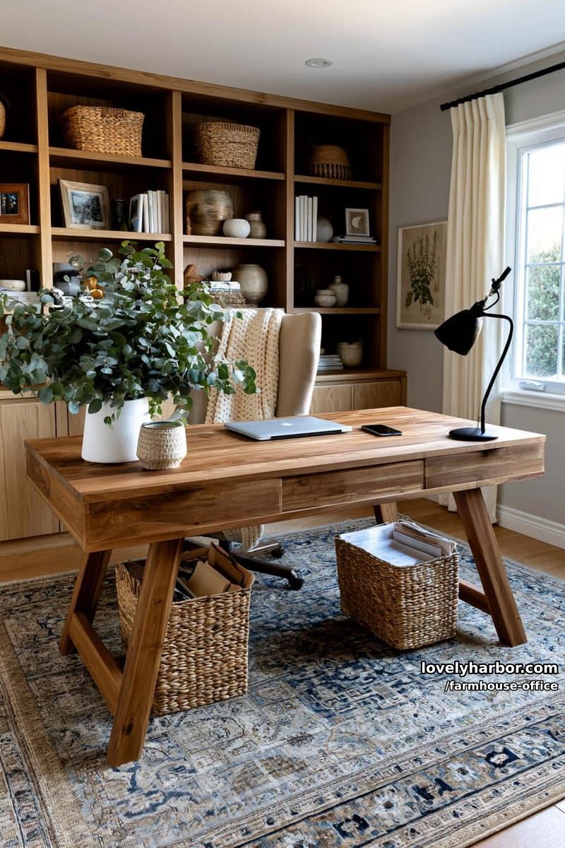 warm home office with angled wooden desk, patterned rug, and tall bookshelf. 1