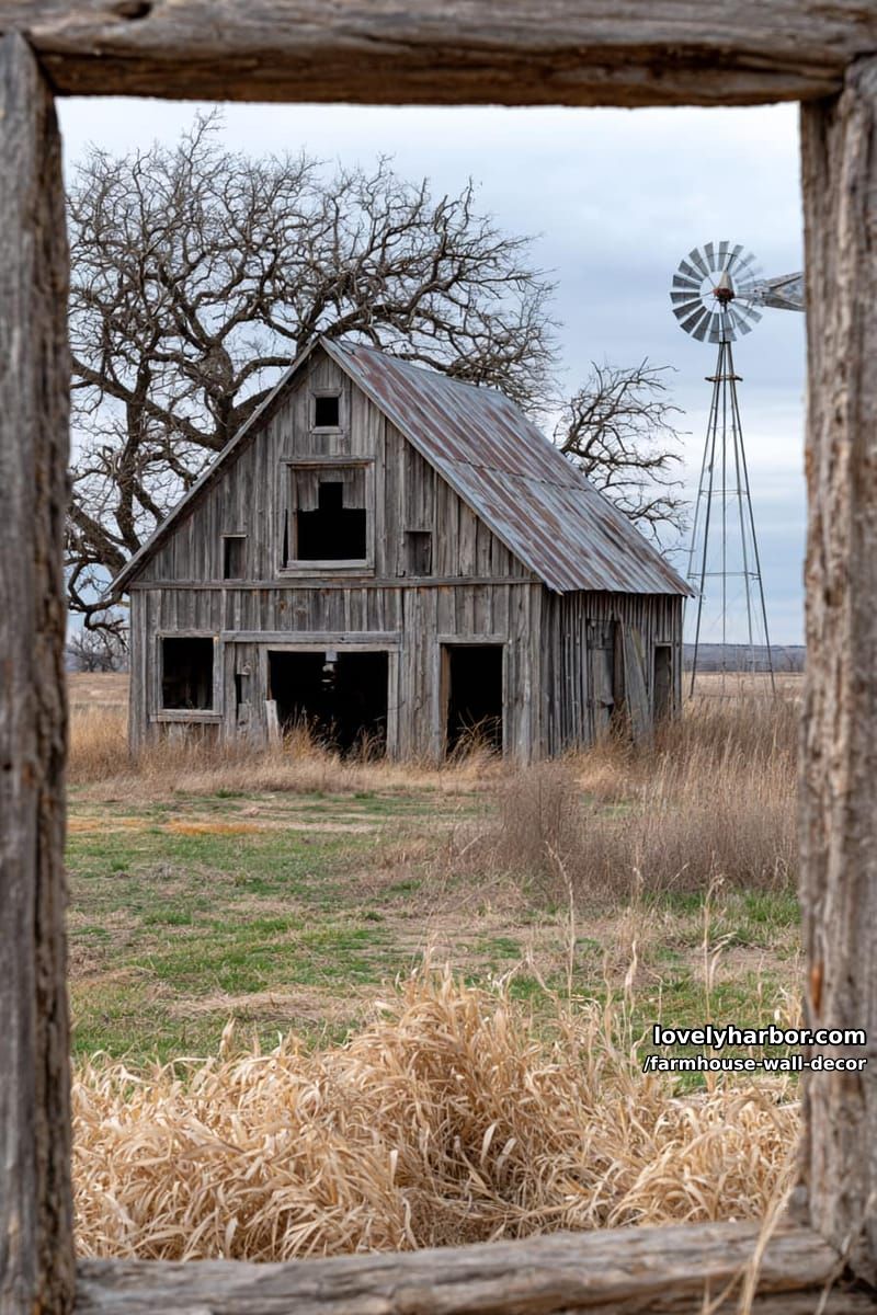 weathered barn and vintage windmill framed in a rustic wooden border. 1