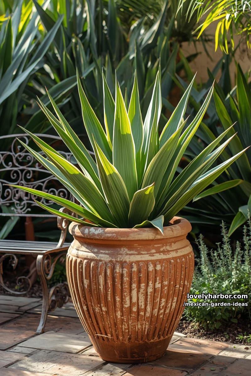 weathered terracotta planter with variegated agave and layered green foliage. 1