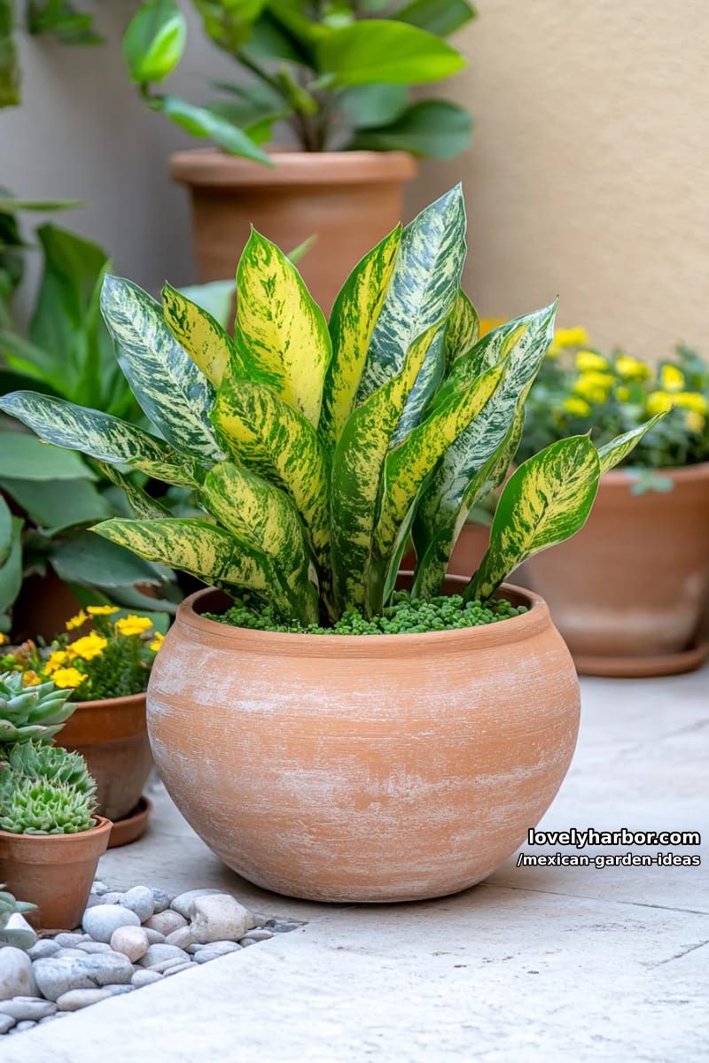 weathered terracotta planter with variegated agave and layered green foliage. 1