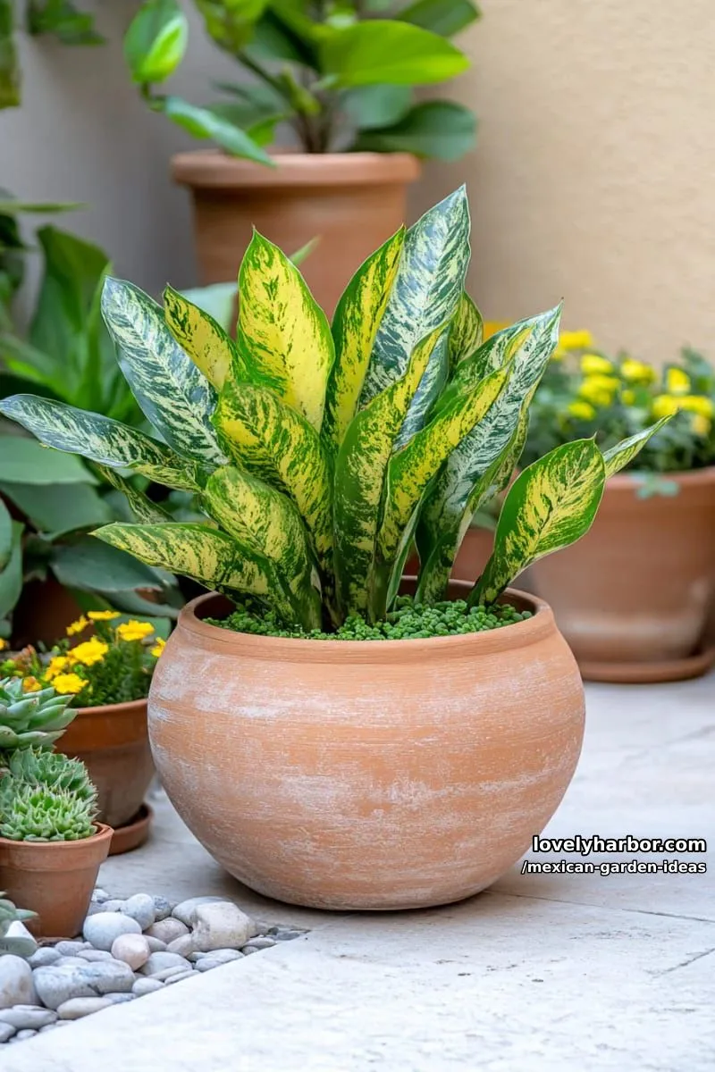 weathered terracotta planter with variegated agave and layered green foliage. 1
