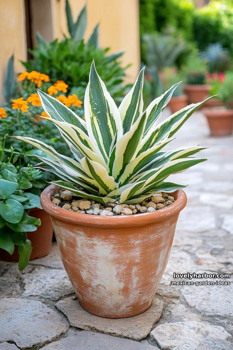 weathered terracotta planter with variegated agave and layered green foliage. 1