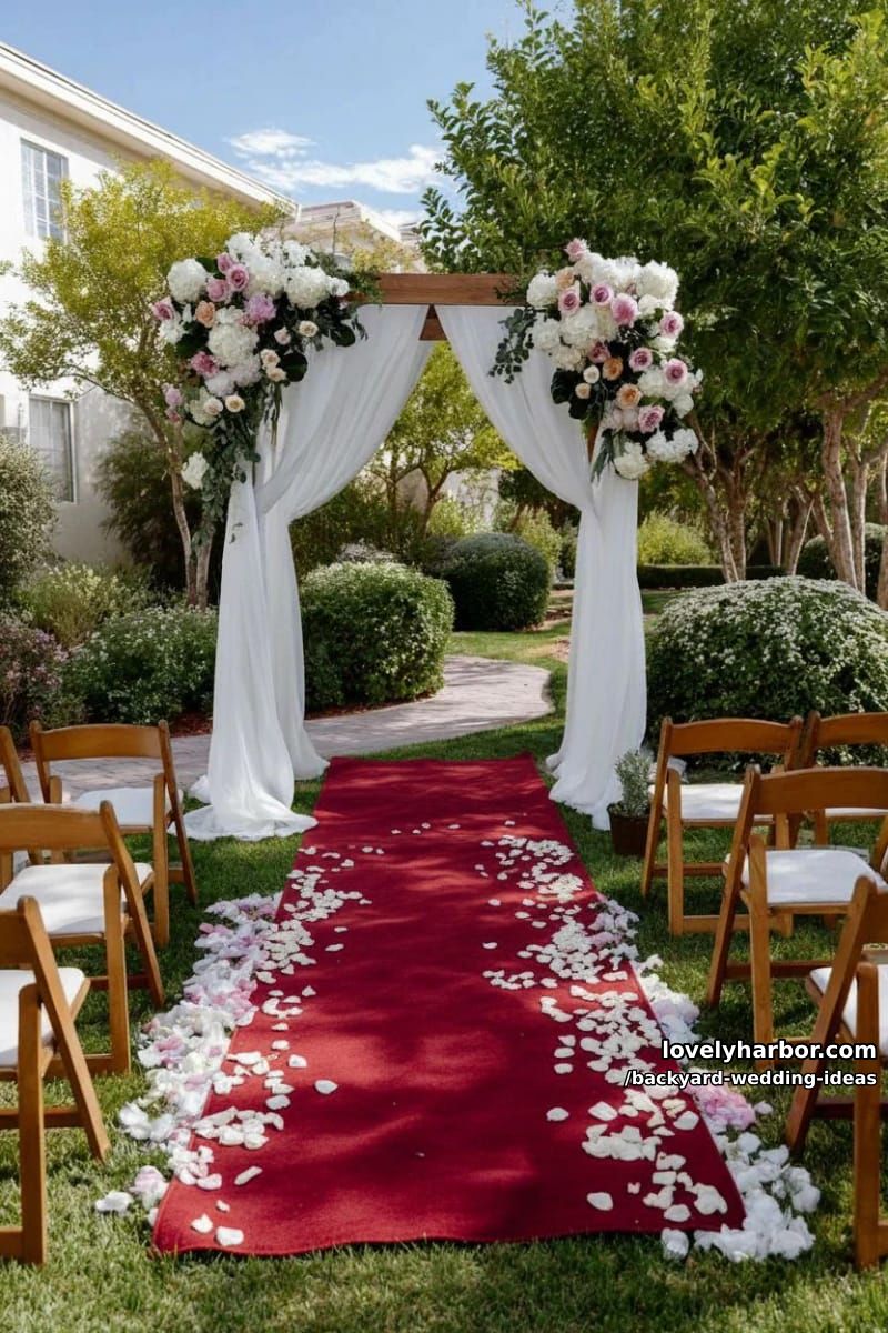 wedding arch with white fabric, flower bouquets, and petal-covered aisle. 1