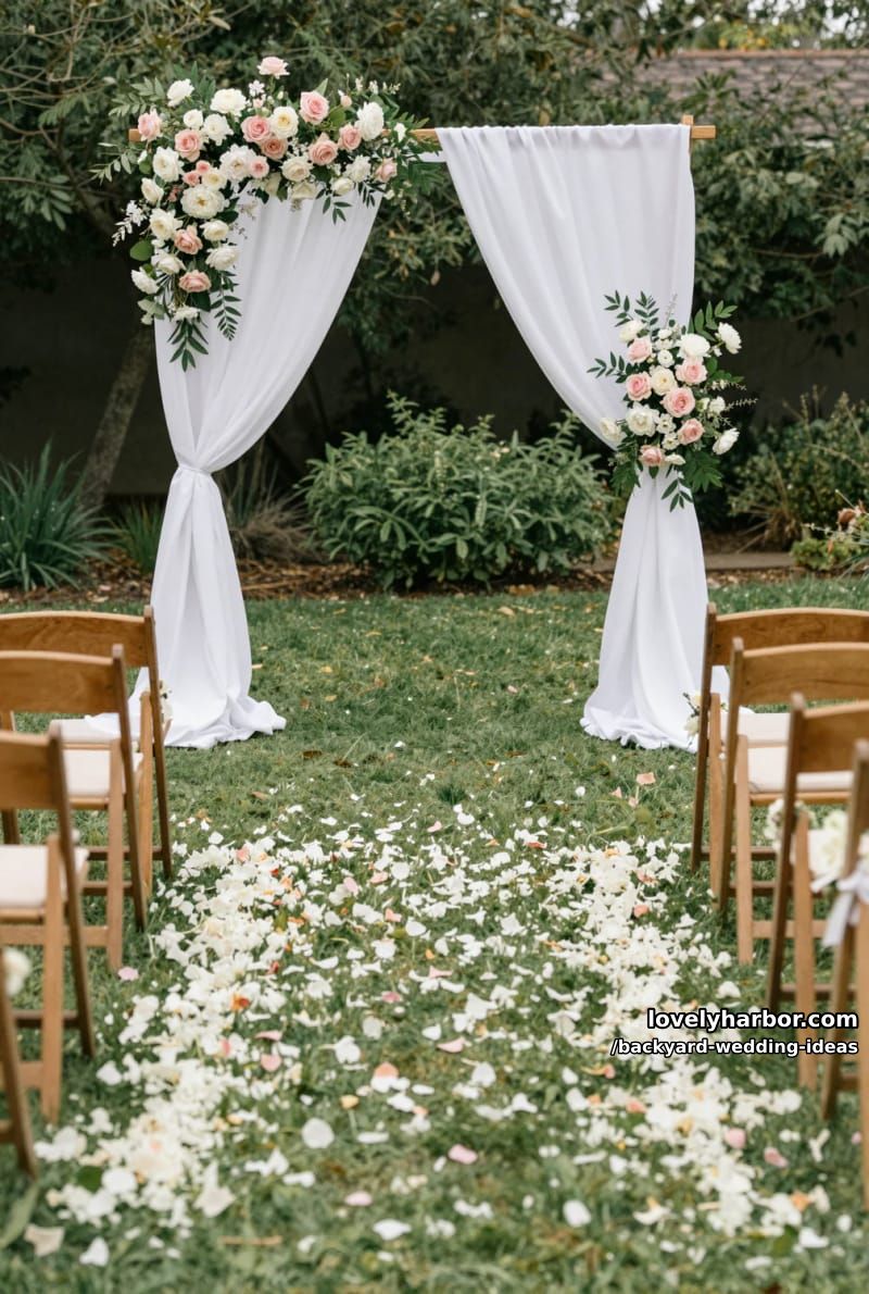 wedding arch with white fabric, flower bouquets, and petal-covered aisle. 1