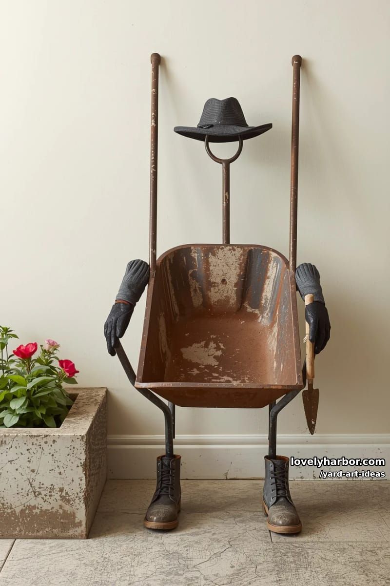 wheelbarrow human sculpture made from garden tools and clothing. 1