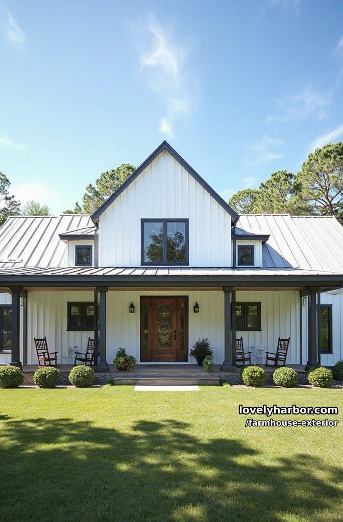 white board-and-batten farmhouse, dark trim, wraparound porch, rocking chairs 1