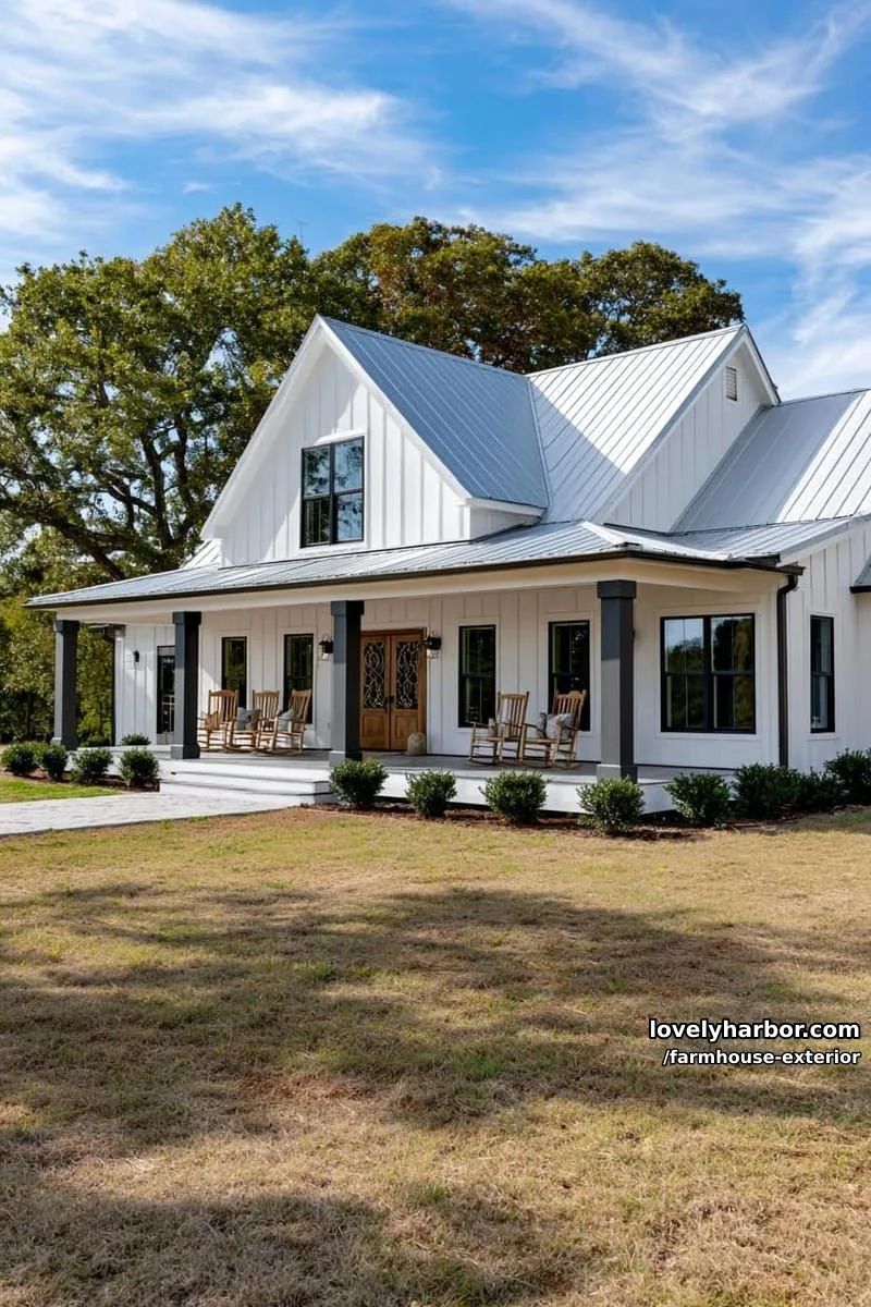 44 New Farmhouse Exterior Designs To Copy 32 white board-and-batten farmhouse, dark trim, wraparound porch, rocking chairs 1
