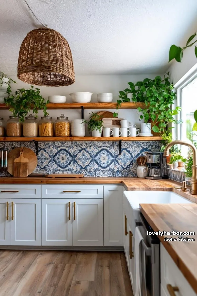 white cabinets, gold hardware, blue tile backsplash, open shelves, wicker lamp, green plants. 1