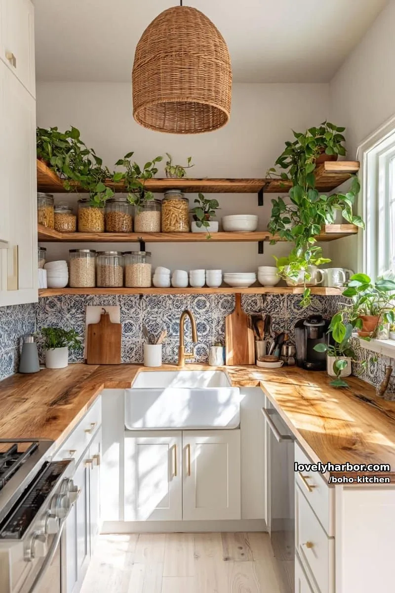 white cabinets, gold hardware, blue tile backsplash, open shelves, wicker lamp, green plants. 1