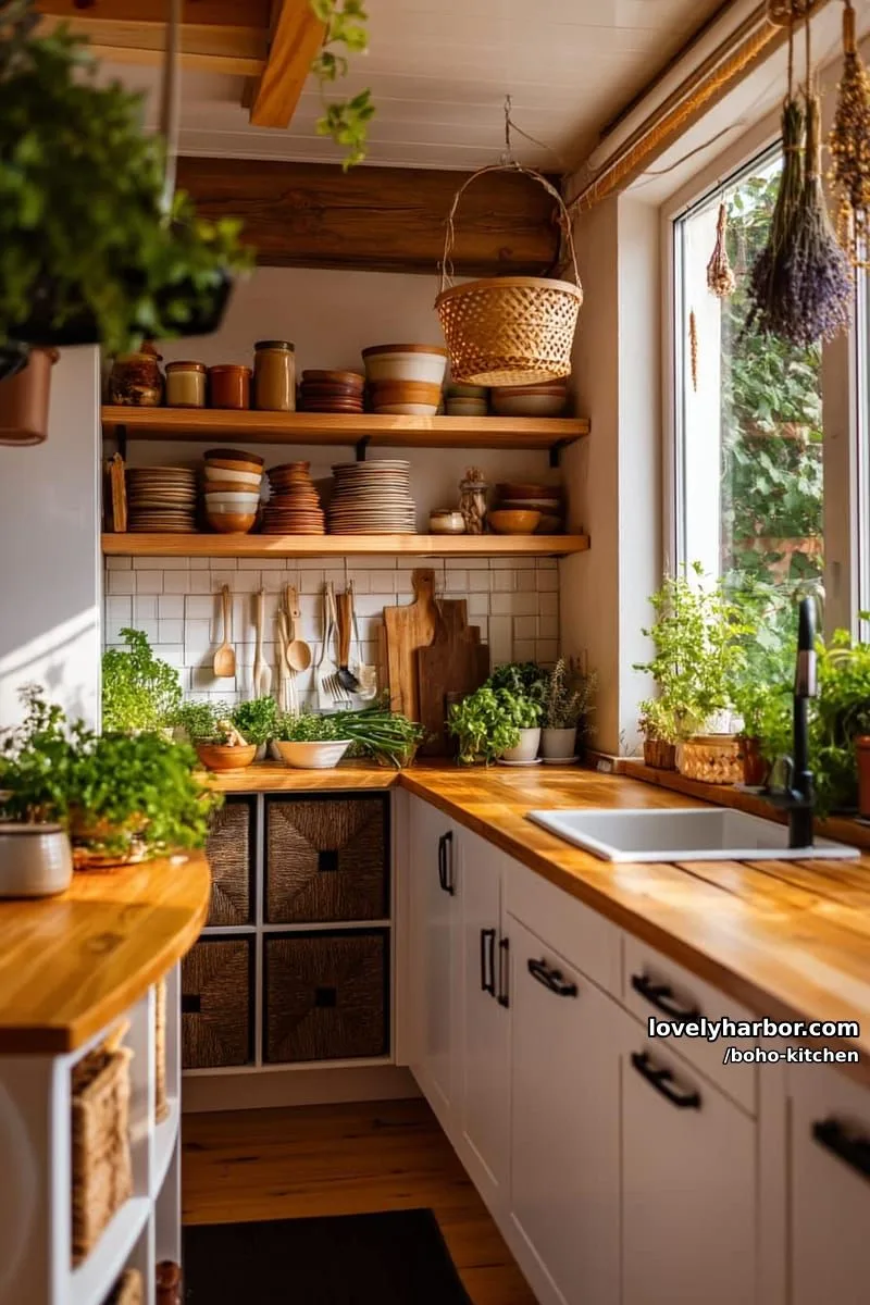 white cabinets, natural wood, open shelves, hanging herbs, warm sunlight, earthy tones. 1