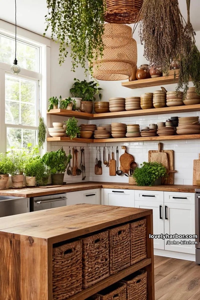 white cabinets, natural wood, open shelves, hanging herbs, warm sunlight, earthy tones. 1