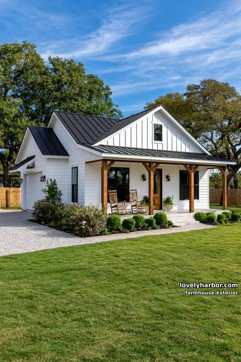 44 New Farmhouse Exterior Designs To Copy 13 white farmhouse, black metal roof, wraparound porch, garage, manicured landscaping, blue sky. 1