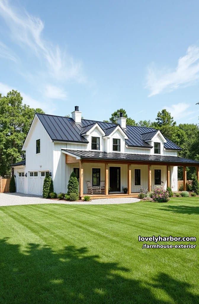 white farmhouse, black metal roof, wraparound porch, garage, manicured landscaping, blue sky. 1