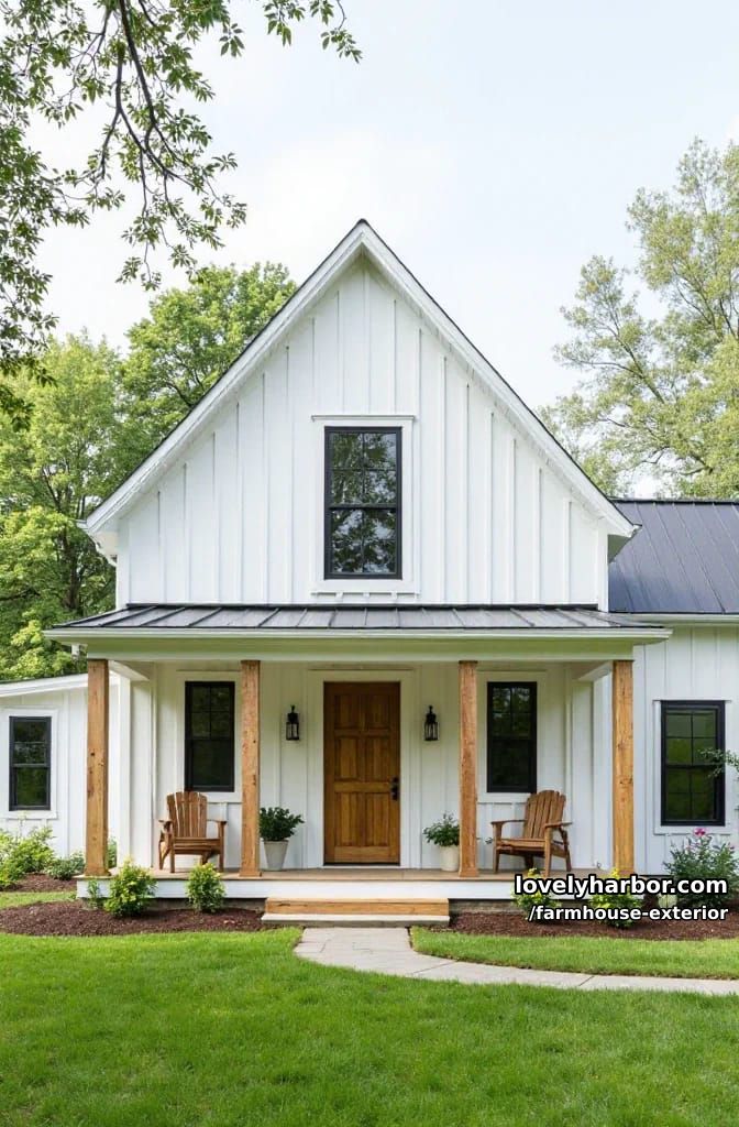 white farmhouse, black windows, gabled roofs, wood porch posts, classic rural look. 1