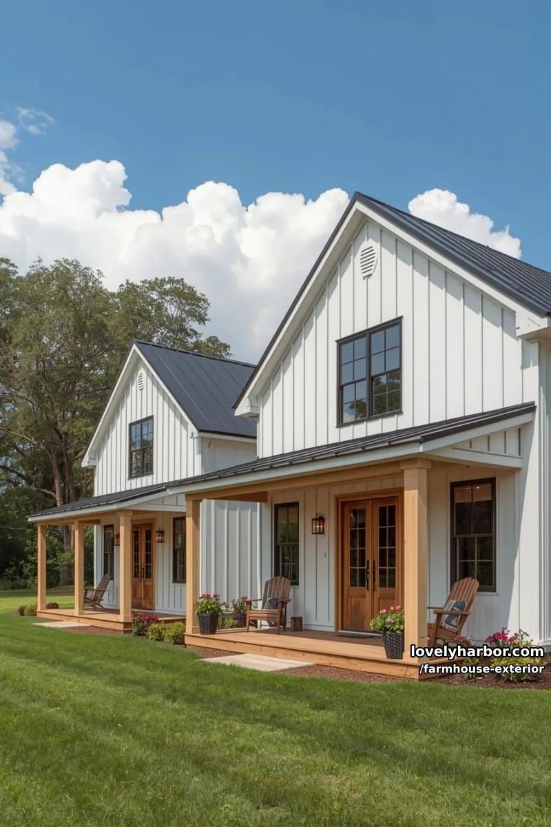 44 New Farmhouse Exterior Designs To Copy 25 white farmhouse, black windows, gabled roofs, wood porch posts, classic rural look. 1