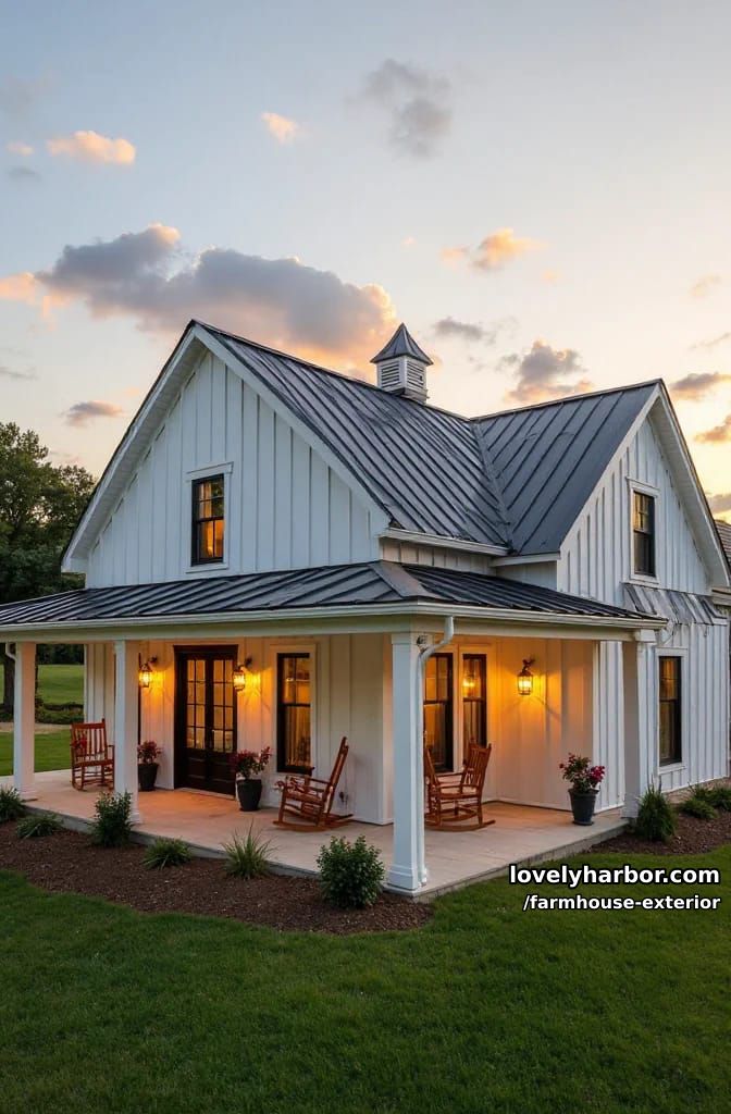 white farmhouse, dark roof, wraparound porch, glass doors, landscaped flowerbeds, sunset. 1