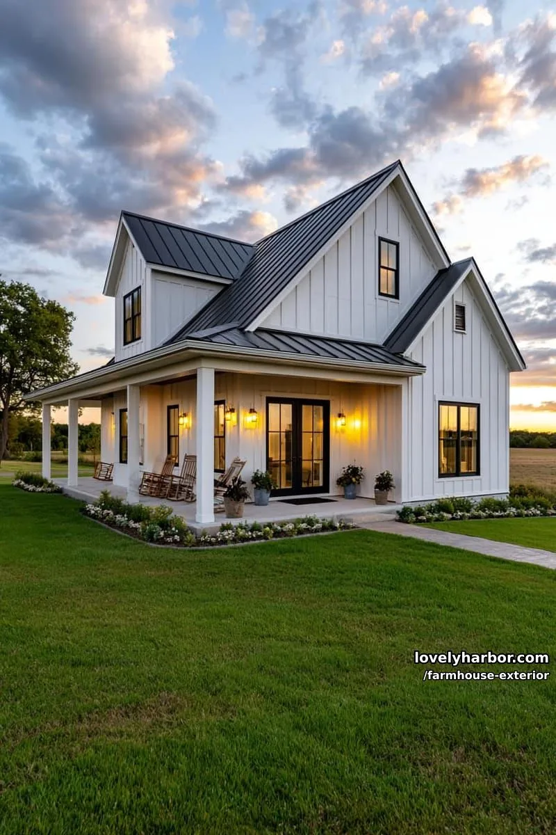 44 New Farmhouse Exterior Designs To Copy 64 white farmhouse, dark roof, wraparound porch, glass doors, landscaped flowerbeds, sunset. 1