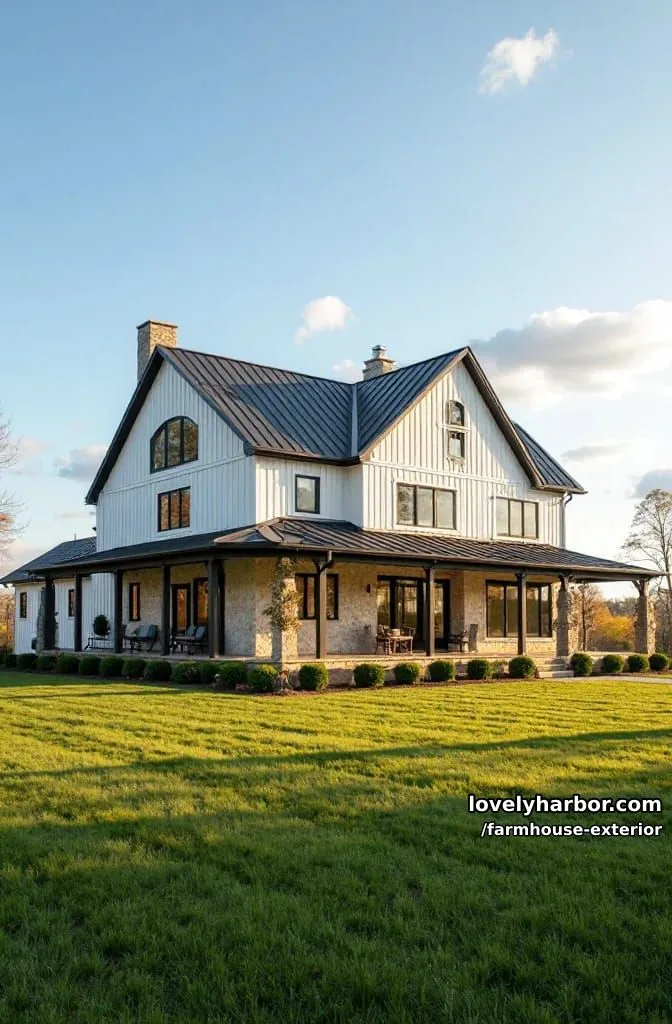 44 New Farmhouse Exterior Designs To Copy 22 white farmhouse, dark roof, wraparound porch, manicured lawn, golden sunlight. 1
