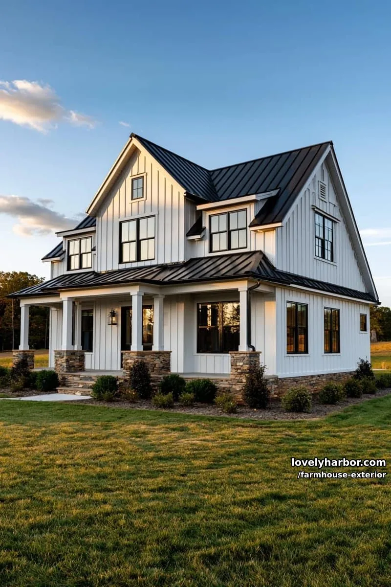 44 New Farmhouse Exterior Designs To Copy 23 white farmhouse, dark roof, wraparound porch, manicured lawn, golden sunlight. 1