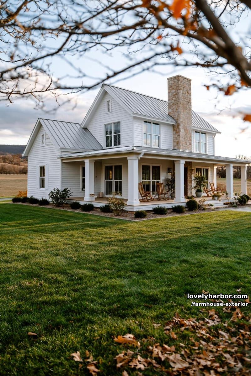 white farmhouse, metal gabled roof, wraparound porch, brick chimney, autumn leaves. 1