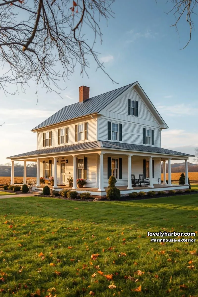 44 New Farmhouse Exterior Designs To Copy 39 white farmhouse, metal gabled roof, wraparound porch, brick chimney, autumn leaves. 1