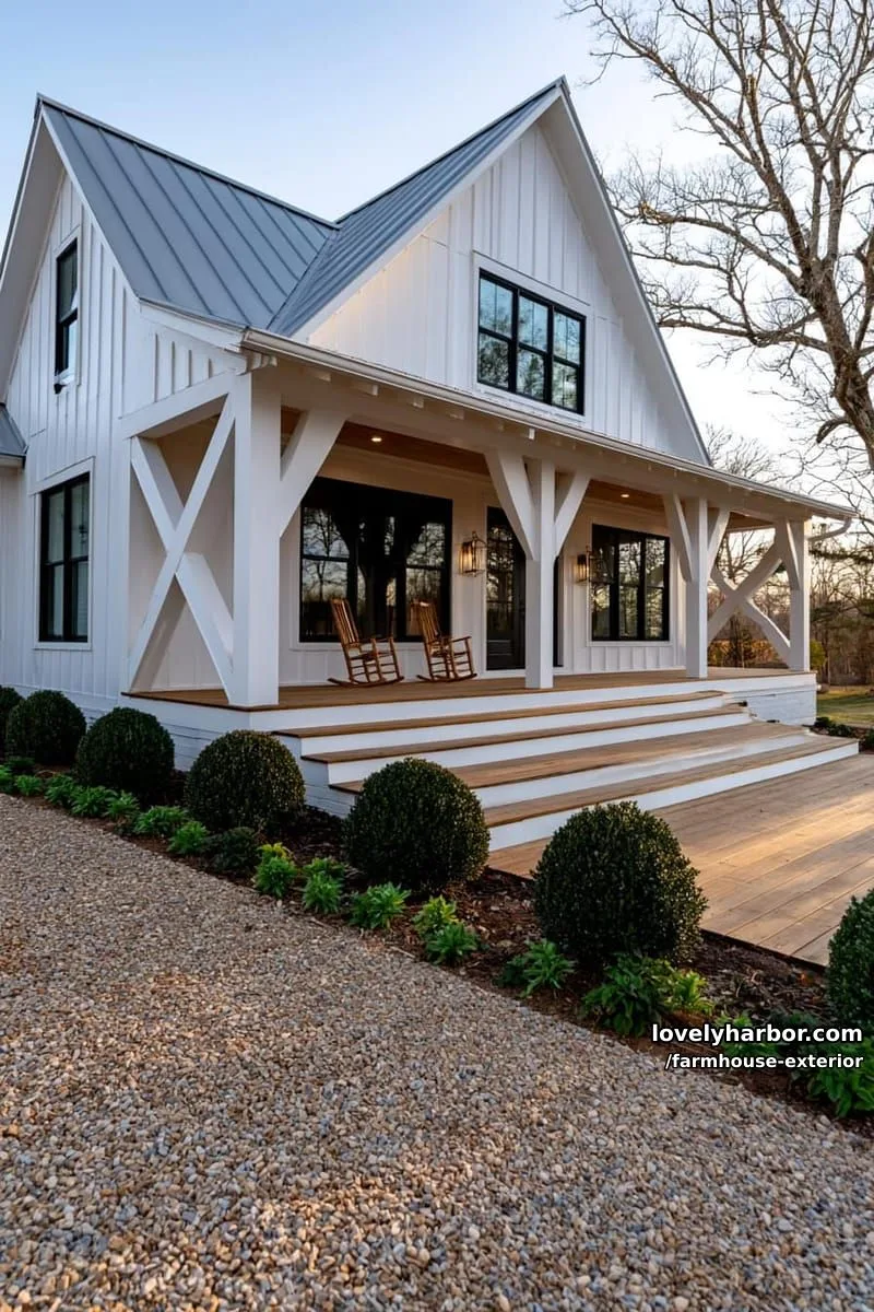 44 New Farmhouse Exterior Designs To Copy 44 white farmhouse, metal roof, board and batten, rocking chairs, gravel driveway. 1