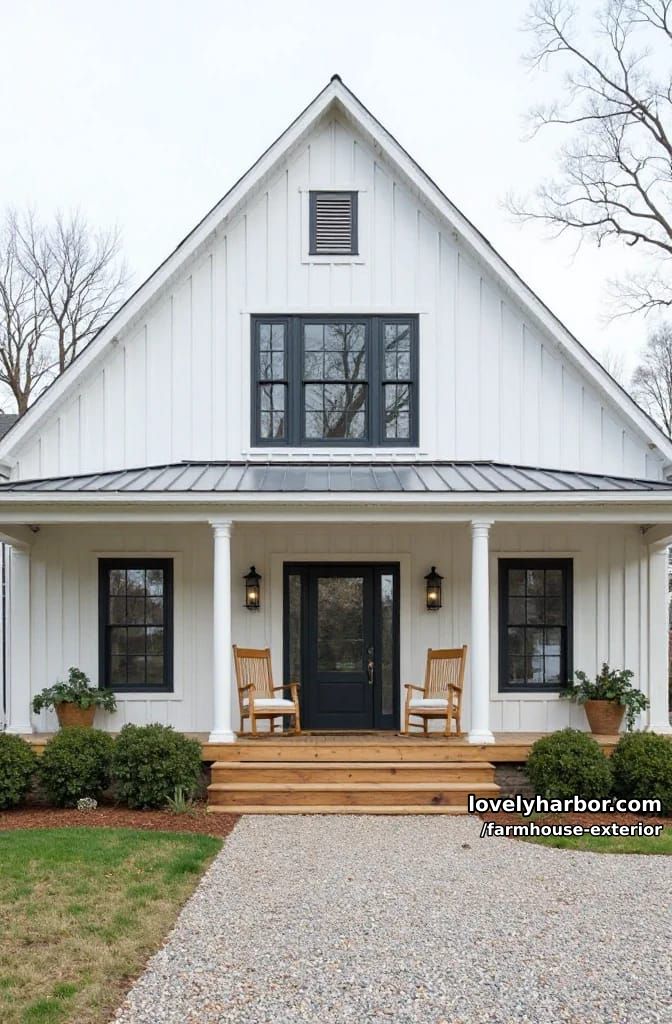 white farmhouse, metal roof, board and batten, rocking chairs, gravel driveway. 1