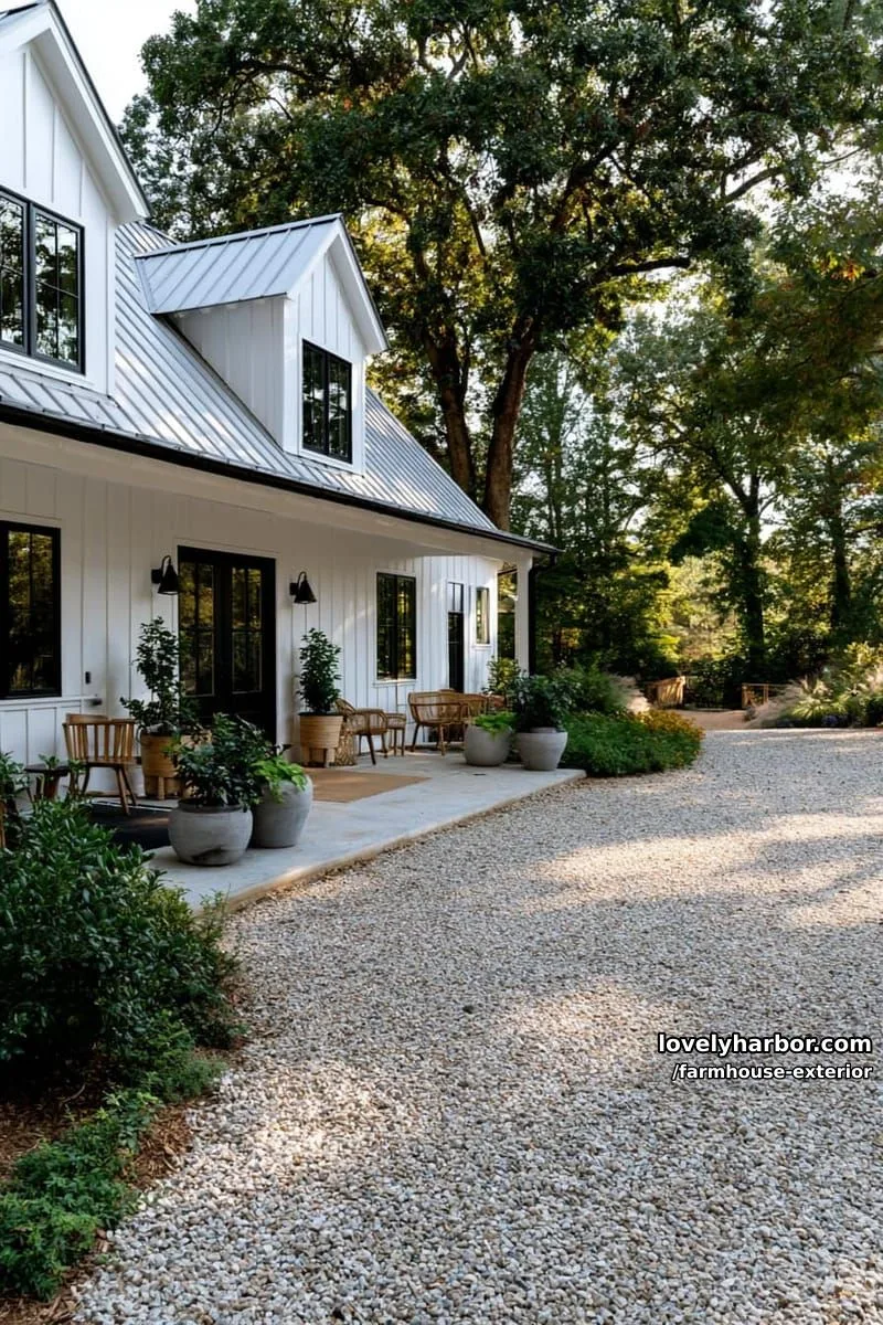 44 New Farmhouse Exterior Designs To Copy 26 white farmhouse, metal roof, covered porch, wicker seating, tranquil wooded setting. 1