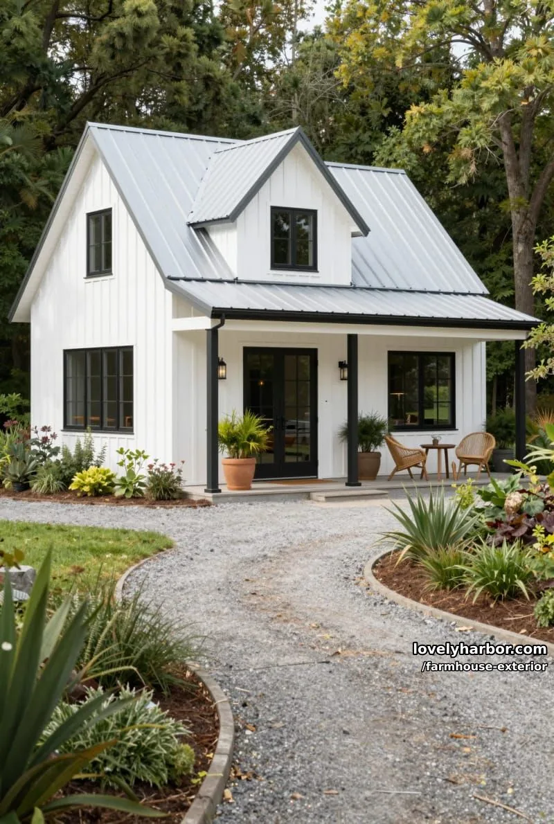 44 New Farmhouse Exterior Designs To Copy 27 white farmhouse, metal roof, covered porch, wicker seating, tranquil wooded setting. 1