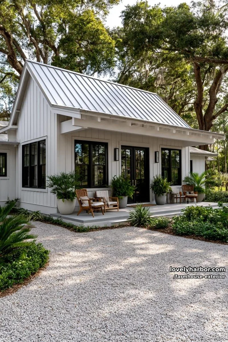 44 New Farmhouse Exterior Designs To Copy 28 white farmhouse, metal roof, covered porch, wicker seating, tranquil wooded setting. 1