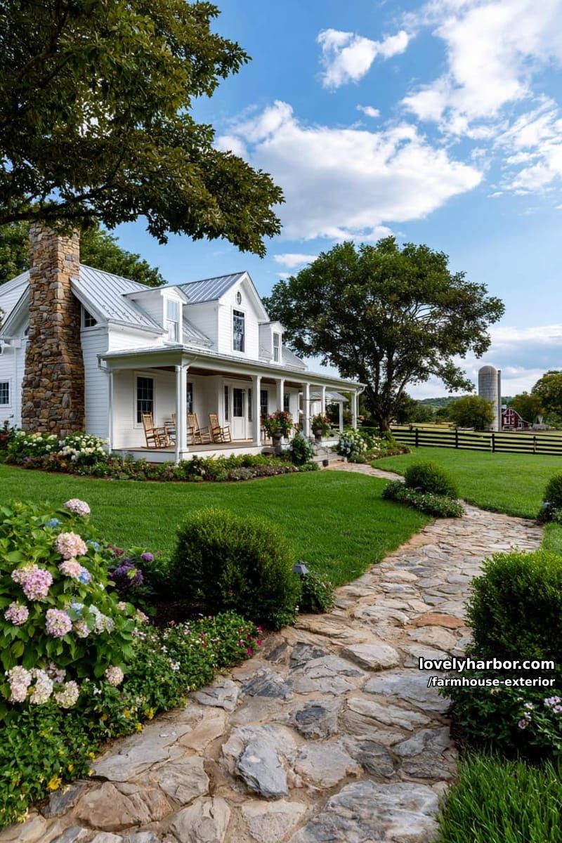 white farmhouse, metal roof, wraparound porch, hydrangeas, red barn, silo, manicured gardens. 1