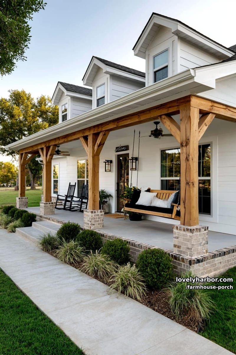 white farmhouse with wraparound porch, brick trim, dormers, porch swing, and welcome sign. 1