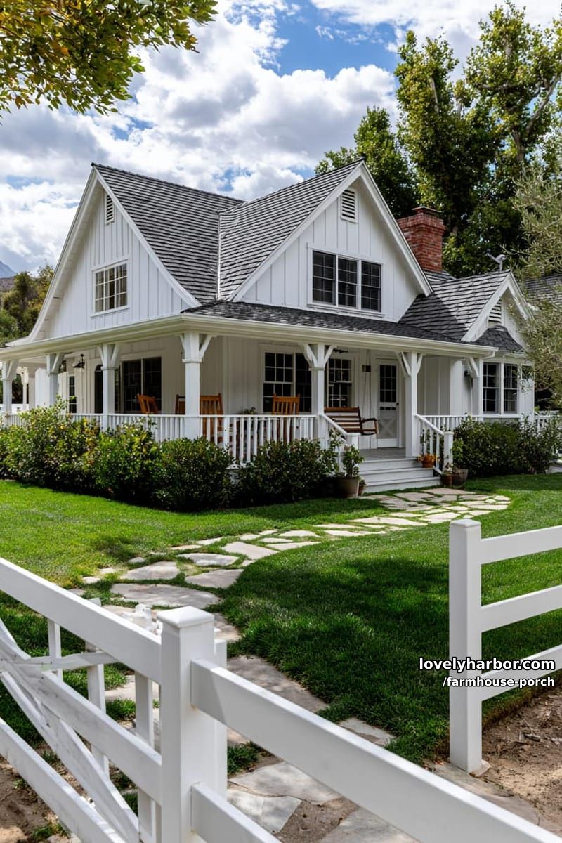 white farmhouse with wraparound porch, rocking chairs, porch swing, and white fence. 1
