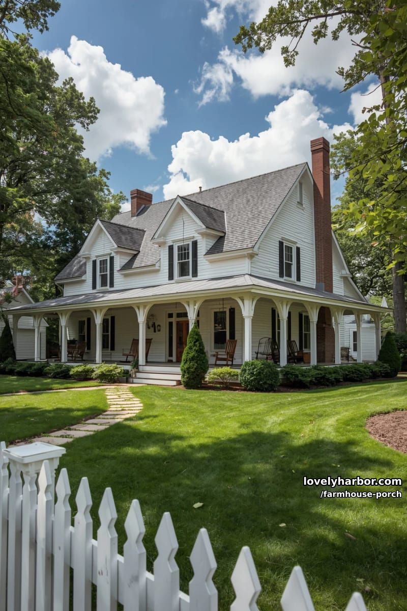 white farmhouse with wraparound porch, rocking chairs, porch swing, and white fence. 1